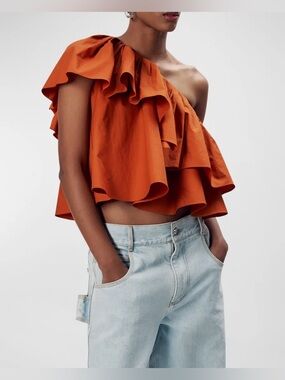 Ronny Kobo Collection One-Shoulder Ruffle Crop Top - Orange